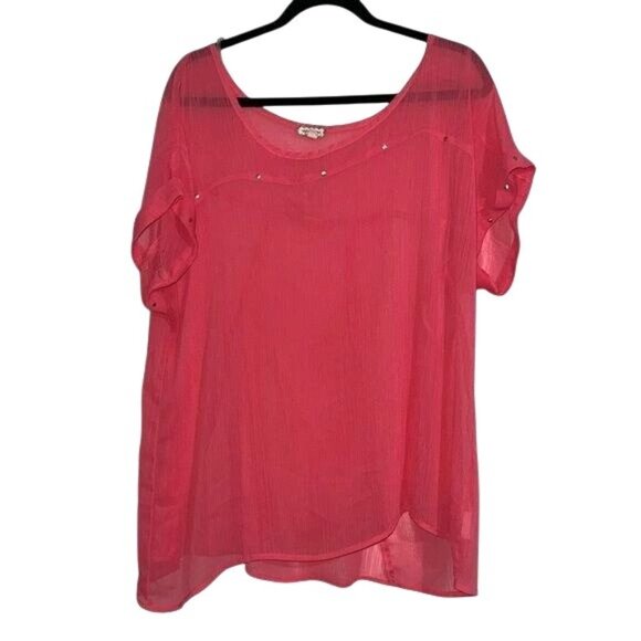 Eyeshadow Womens Plus Size 1X Sheer Pink Flutter Sleeve Top With Stud Accents - Picture 1 of 9